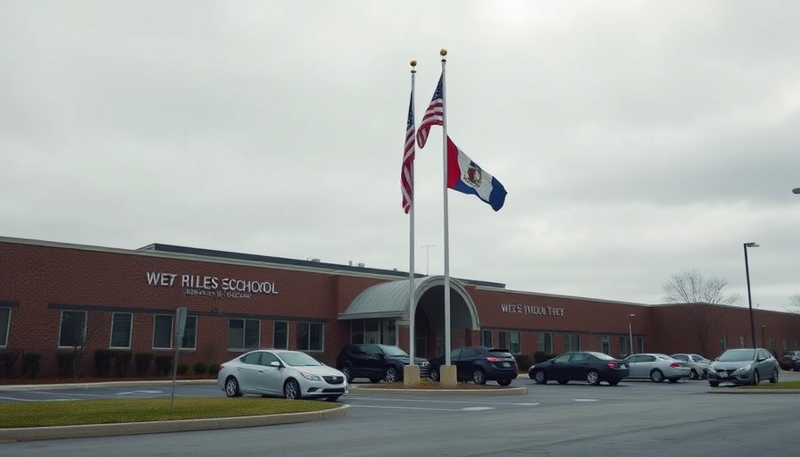 School exterior under cloudy sky with flags, part of a news story on Wisconsin teacher child abuse allegations.