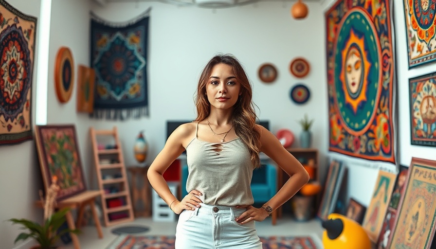 Confident artist surrounded by contemporary art in vibrant studio.