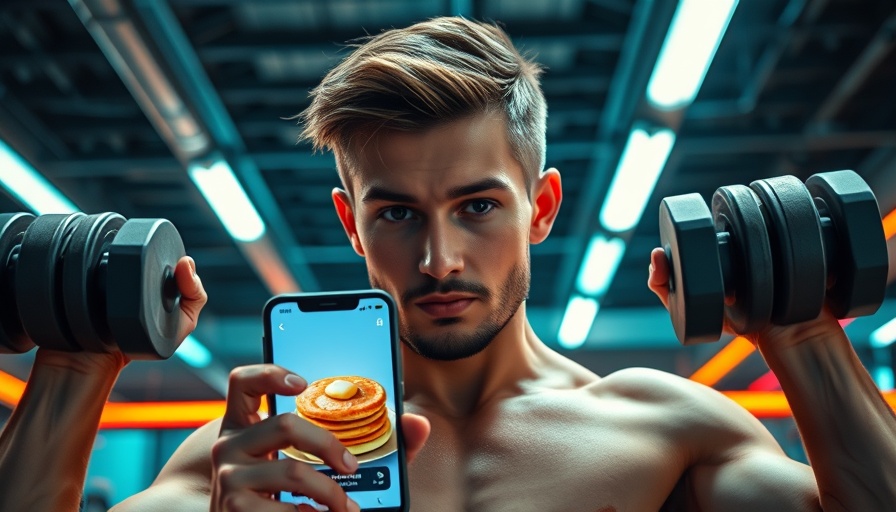 AI App Success Story: Young man at gym with smartphone AI application.