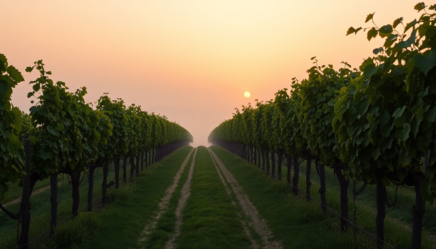 Rural path at sunset amidst vineyards, highlighting travel's impact on anxiety disorders.