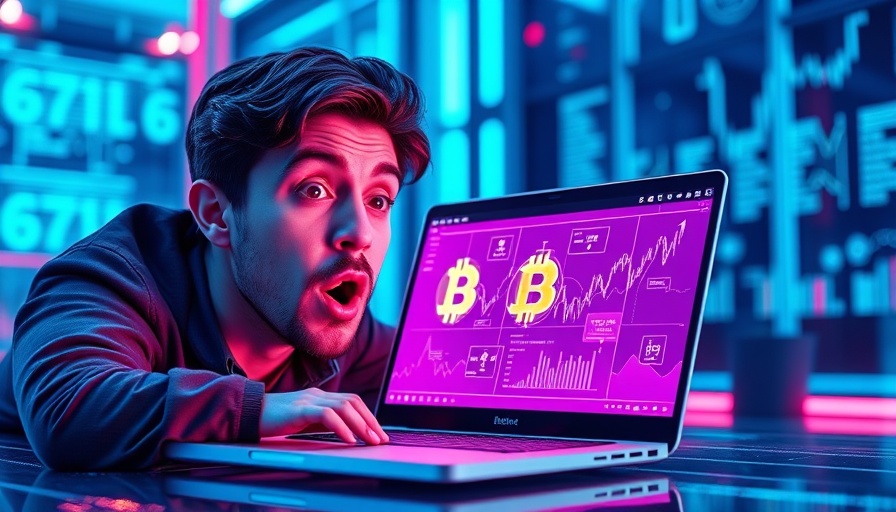 Surprised individual with digital blockchain data on a laptop, US government blockchain data concept.