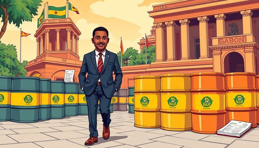 Stylized illustration of Gabon oil deal with official symbols.