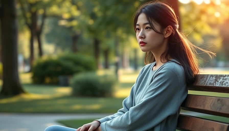 Contemplative woman promotes mental health awareness in a serene park.