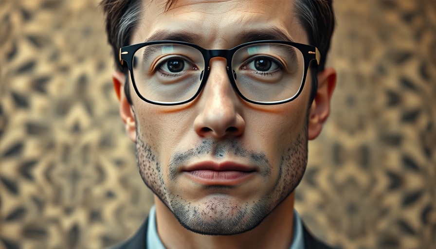 Portrait of a man with glasses, neutral expression, textured background.