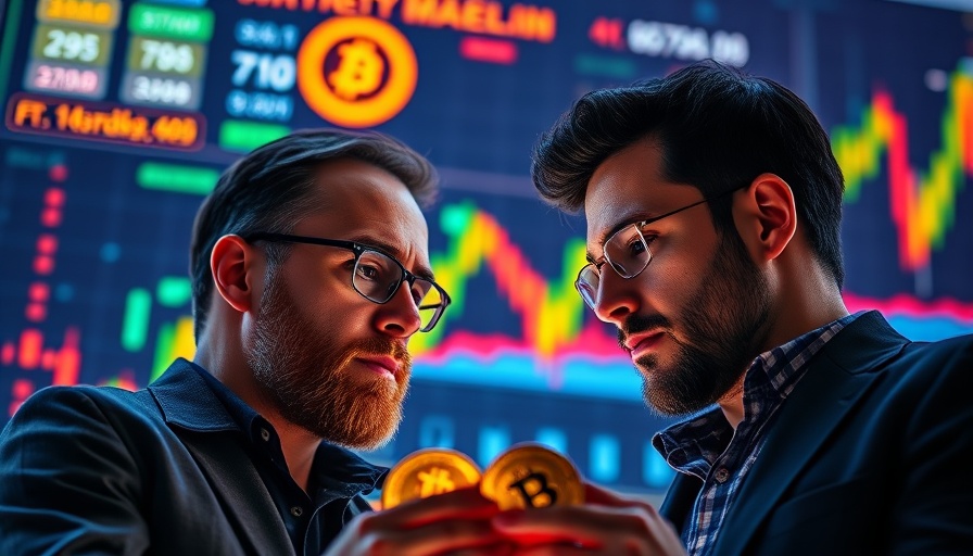 Bitcoin analysis scene with cryptocurrency symbols and contemplative men.