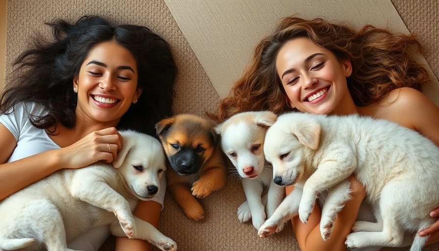 Women smiling with puppies during yoga on a woven rug.