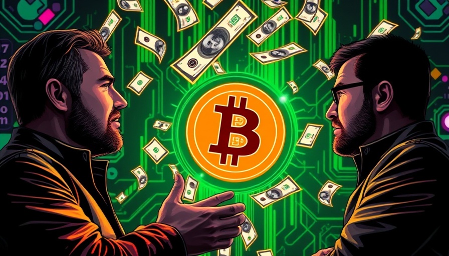 Vibrant Bitcoin price prediction with two men, green background.