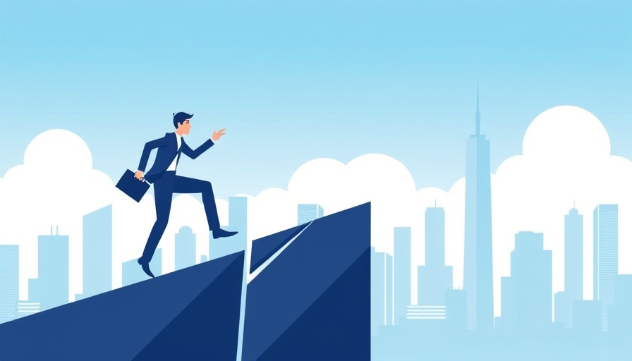 Illustration of business figure climbing a barrier in a cityscape for AI in digital marketing.