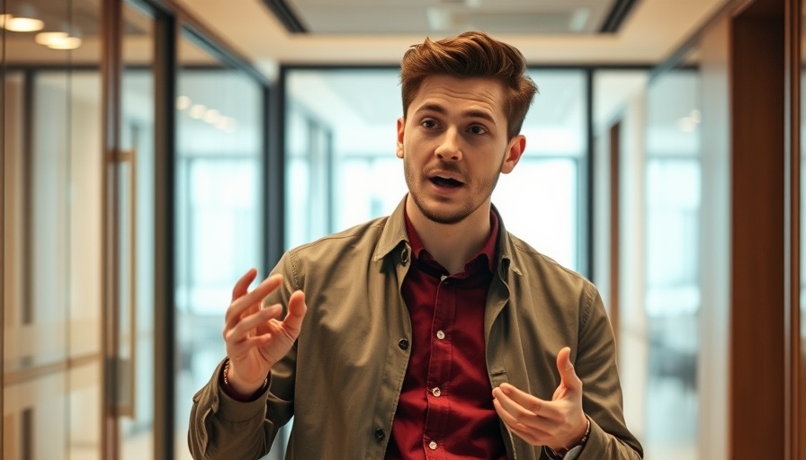 Young man discussing in modern hallway, Daily Crypto Shows.