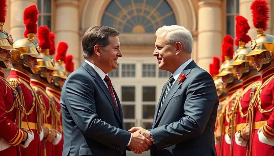 Formal handshake between two men with ceremonial guard backdrop.