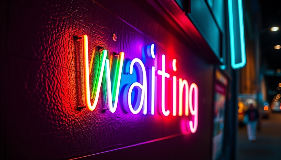 Colorful 'waiting' neon signs on dark wall, urban aesthetic.