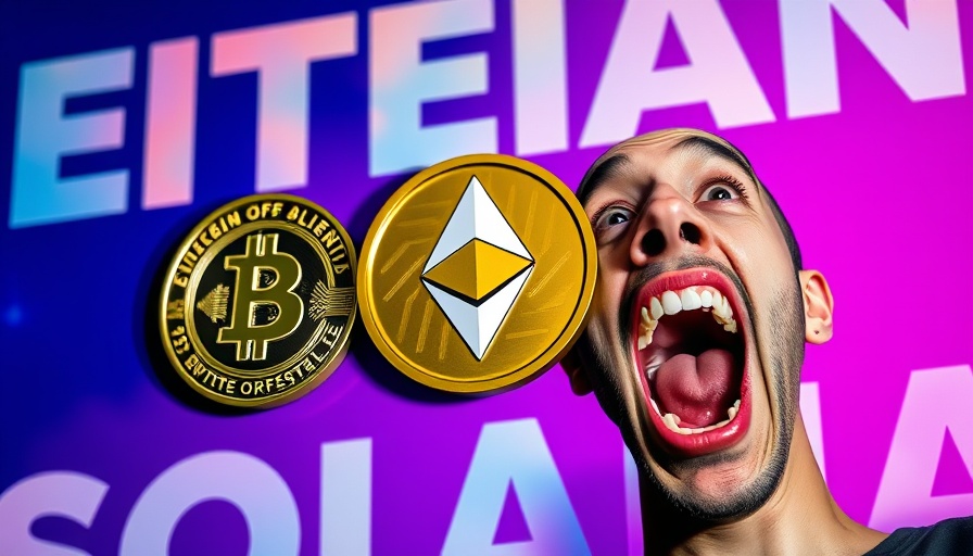 Excited person with Bitcoin, Ethereum, Solana symbols, digital art.