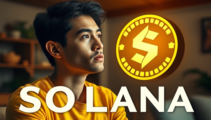 Young man considering Solana cryptocurrency investments with bold text.