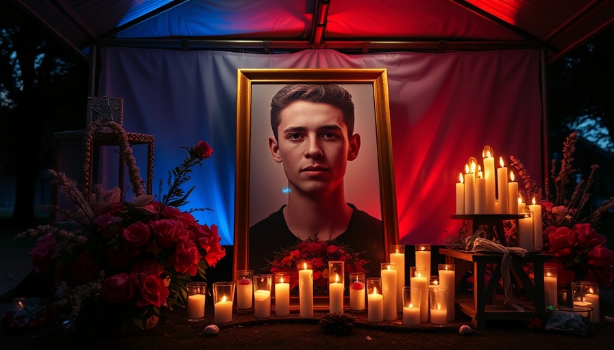 Memorial for young man with portrait and candles, red and blue lighting.