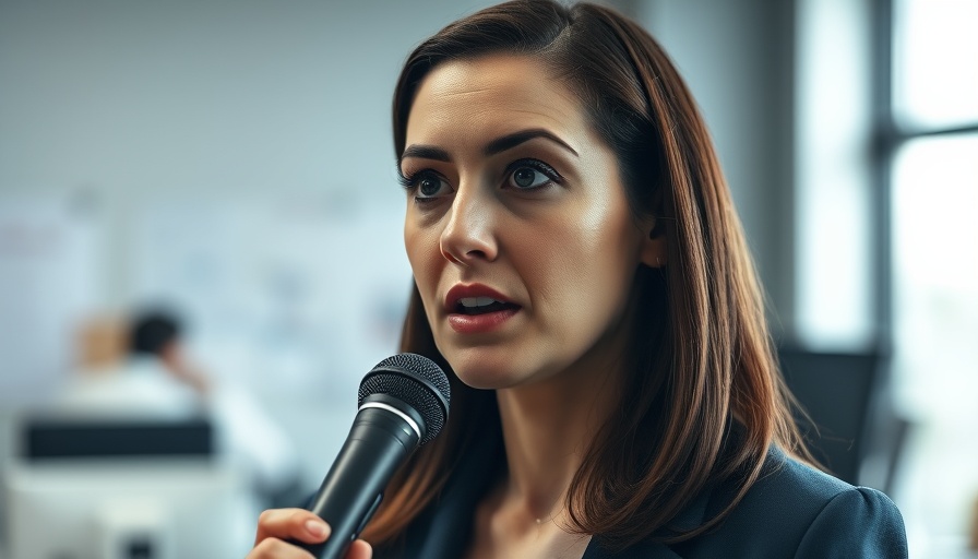Focused woman discussing a topic in an indoor setting.