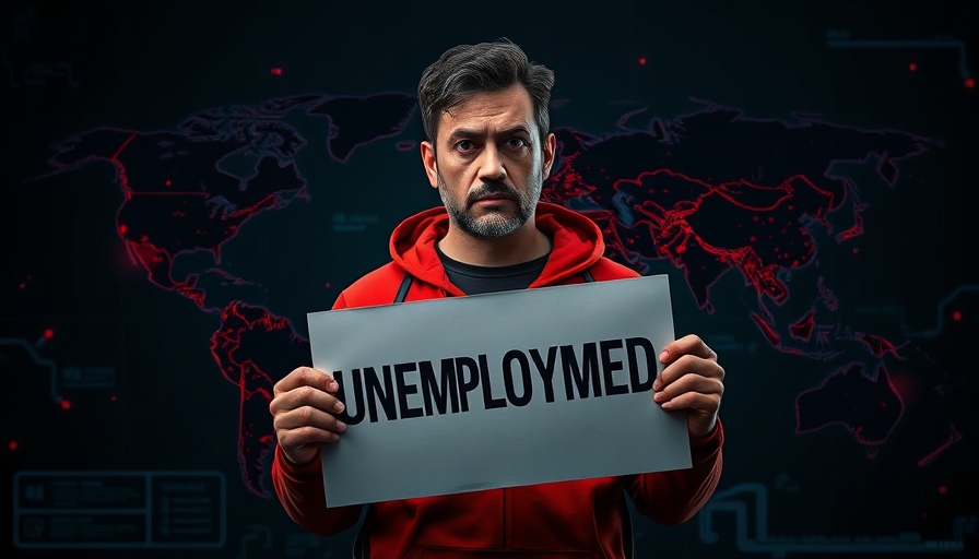 Vivid poster with concerned person holding unemployment sign in digital map setting.