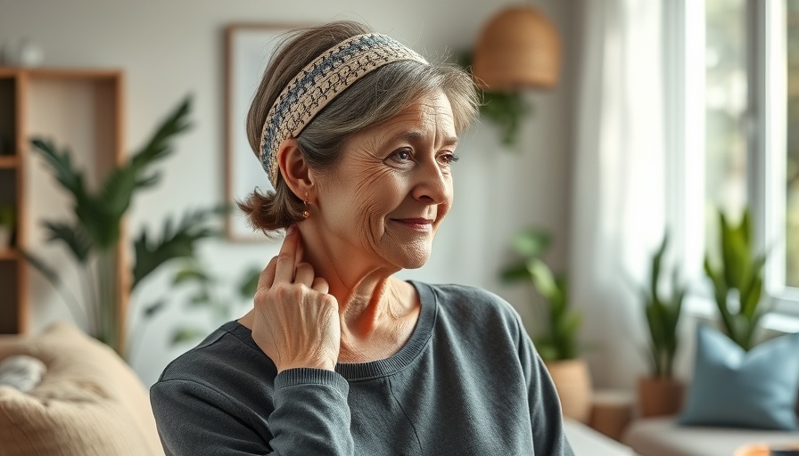 Woman examining neck in soft-lit room, signs of head and neck cancer concept.