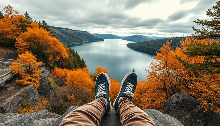 Person relaxing over a lake with autumnal trees, evoking a natural state of ease.