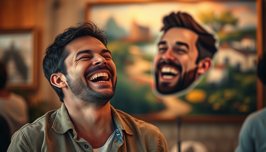Cheerful man managing panic attacks with humor, indoor laughter