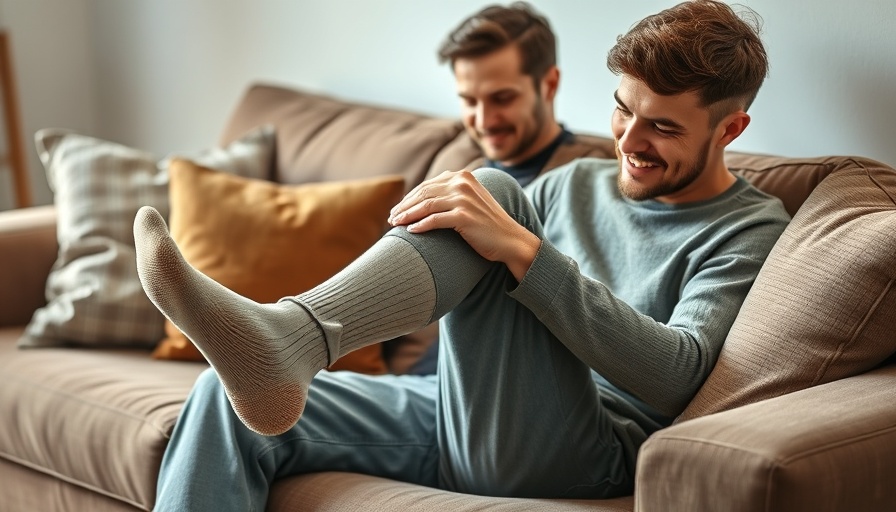 Man tapping leg for energy boost in cozy living room.