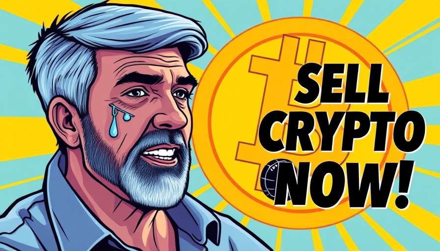 Visual urging to sell your crypto now with man, bitcoin symbol.