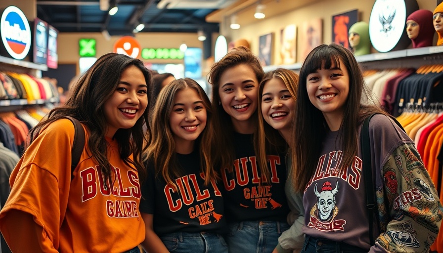 Cult brand fans bonding over merchandise in vibrant store, showcasing emotional connections.