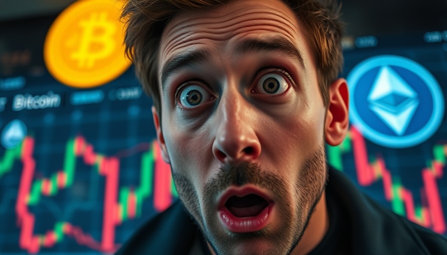 Bitcoin market volatility represented with symbols and surprised man.