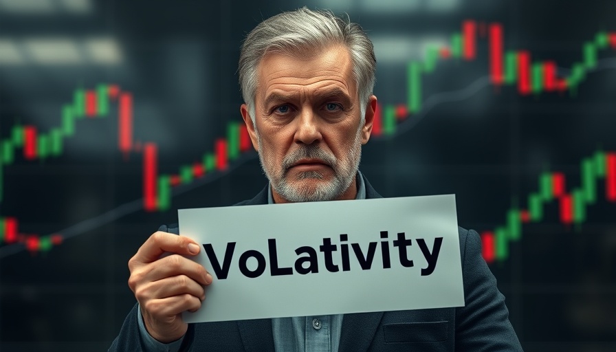 Middle-aged man holding volatility sign with stock chart.