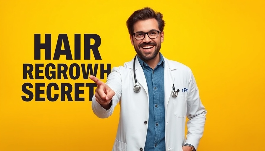 Cheerful doctor pointing to hair regrowth secrets, receding hairline treatment.