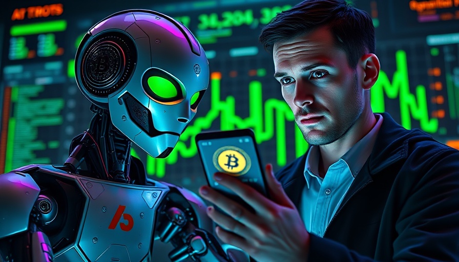 Futuristic AI and individual analyzing Bitcoin price predictions.