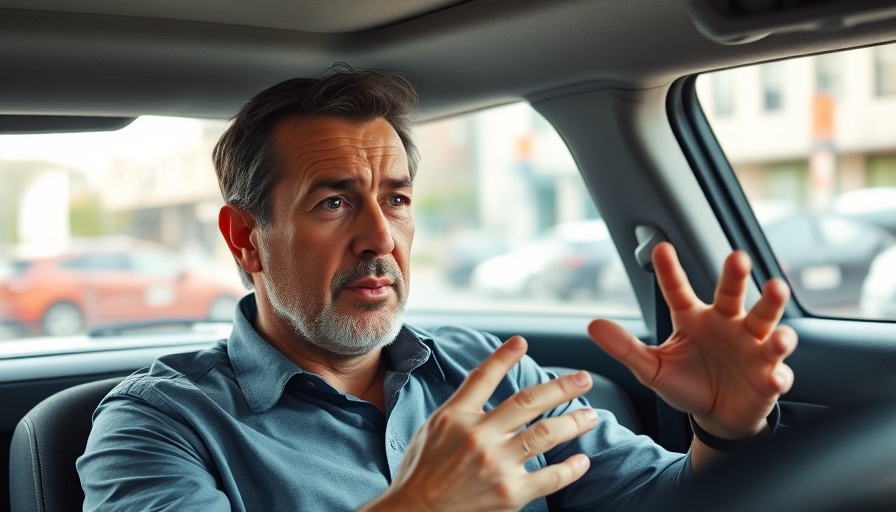 Middle-aged man discussing in a car, urban setting, daytime lighting.