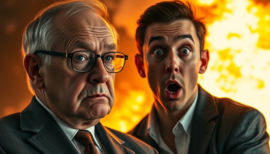 Crypto news split image, contemplative older man and surprised young man with fiery backdrop.