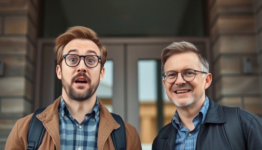 Two men in front of building entrance showing contrasting expressions about Bitcoin.