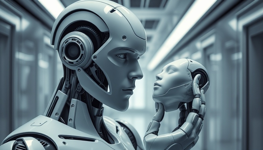 AI and Mental Health Awareness: Futuristic robot examining human mask.