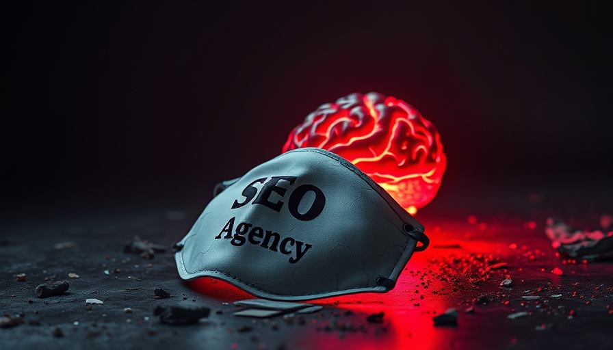 Cracked SEO agency mask with glowing brain on dark background.