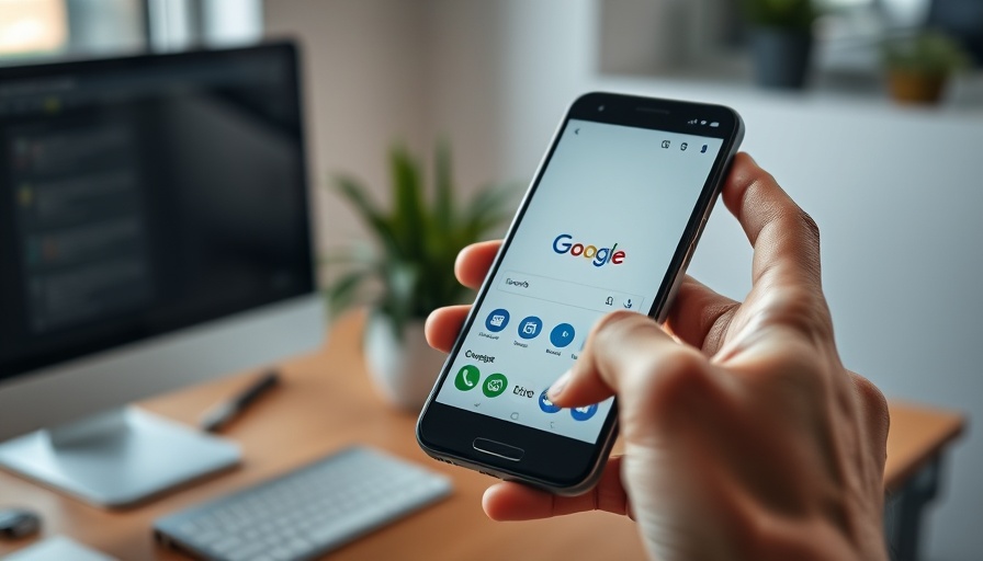 Close-up of hands holding phone with Google search open, related to Core Web Vitals optimization.
