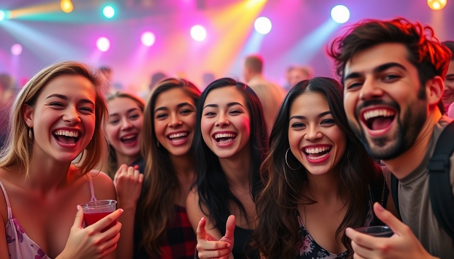Happy young adults laughing at party under colorful lights