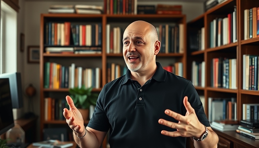 Energetic speaker discussing content in a cozy office setting.