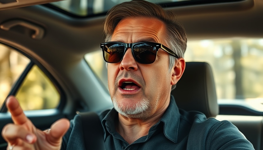 Middle-aged man expressing thoughts about financial platforms in cryptocurrency inside a car.