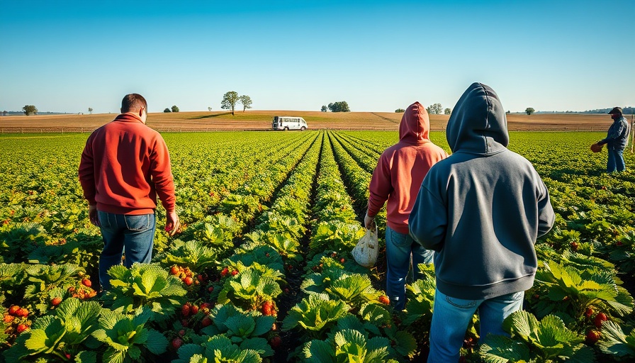 Workers harvesting strawberries in an agricultural field.