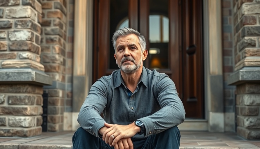 Pensive man contemplating cryptocurrency market movements outside.