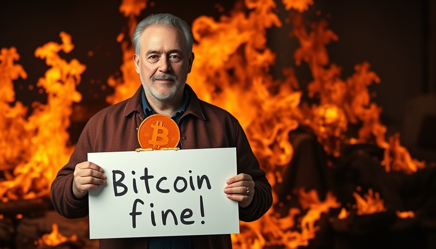 Bitcoin dumps hard concept with man holding melting Bitcoin and sign.