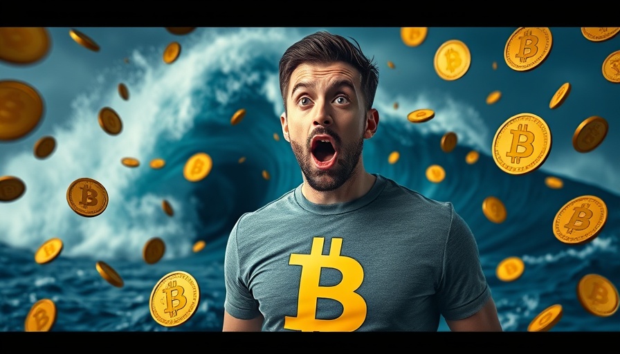 Shocked man in Bitcoin shirt during Bitcoin Liquidations Crisis with wave.