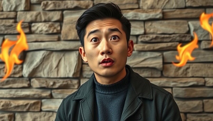Asian man surrounded by digital flames, contemplating crypto altcoins.