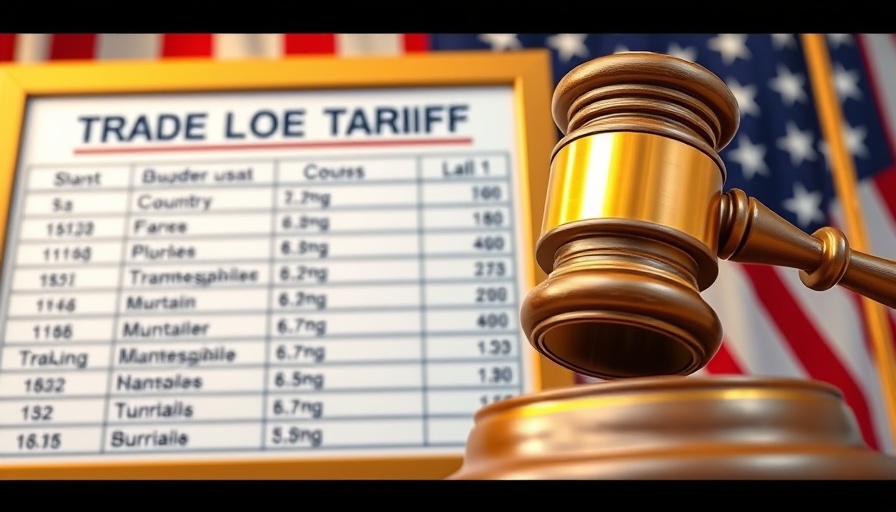Trade war collapse visual with gavel and tariffs list.