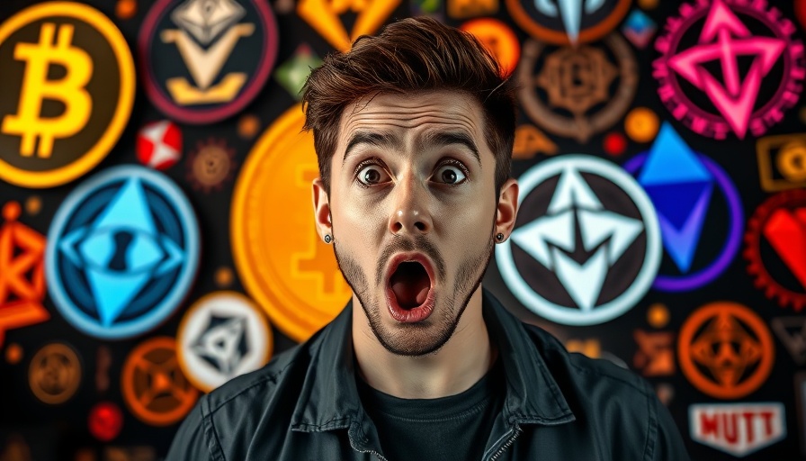 Bitcoin price shock with surprised man and logos.