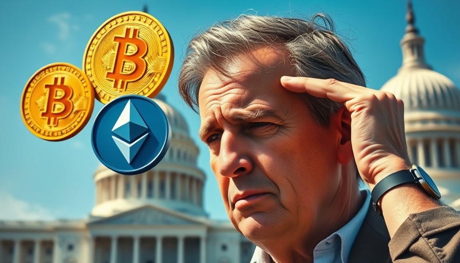 Government shutdown impacting cryptocurrency; man looks worried.