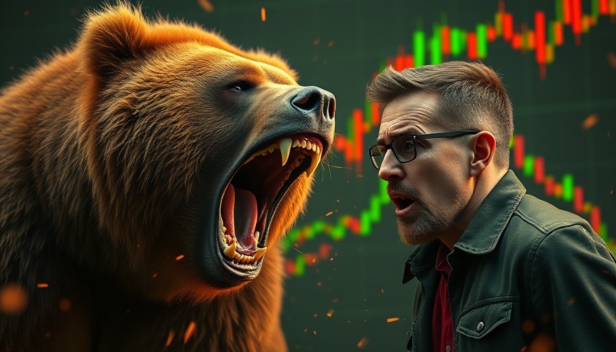 Dramatic Bitcoin selloff scene with bear and scared man.