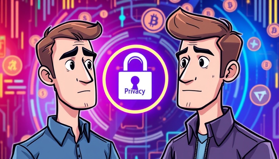Cartoon men explore future of privacy in crypto with digital elements.