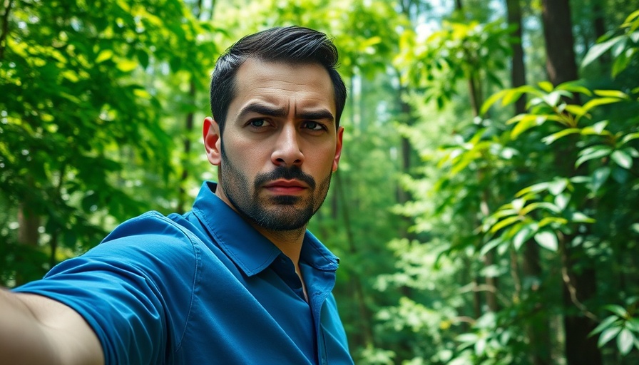 Man in blue shirt outdoors with serious expression, lush forest background, Bitcoin Price.